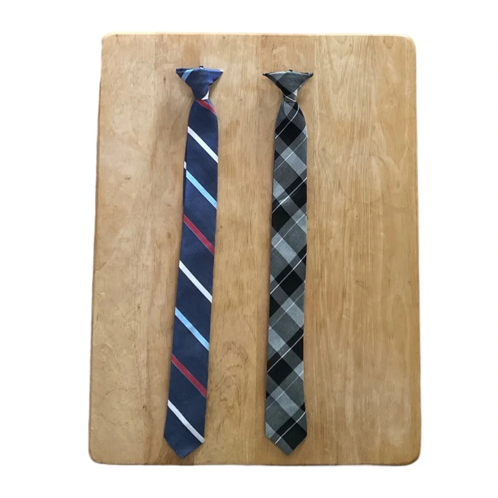 Set of 2 Boys Clip On Ties for Formal Events—Striped & Plaid New Without Tags